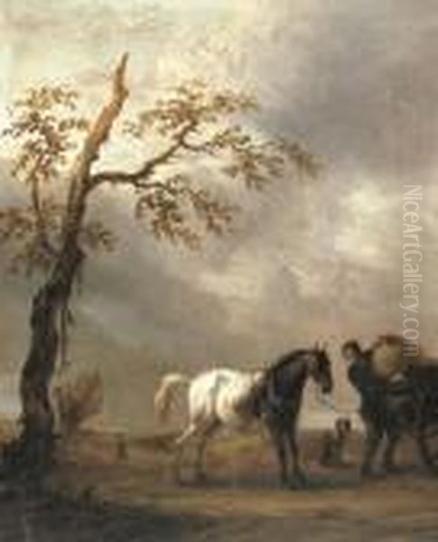 A Horse Stalling With A Peasant Loading A Cart In A Landscape Oil Painting by Pieter Wouwermans or Wouwerman