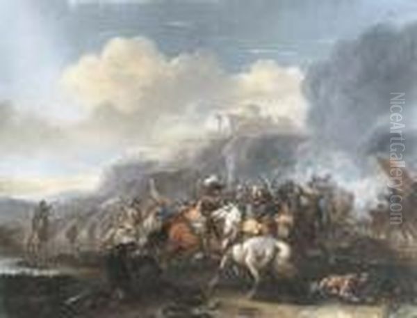 A Cavalry Skirmish Oil Painting by Pieter Wouwermans or Wouwerman