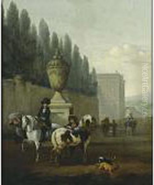 A Landscape With Two Horsemen 
And Two Dogs Near A Walled Garden, Other Horsemen In The Background Near
 A Palace Oil Painting by Pieter Wouwermans or Wouwerman