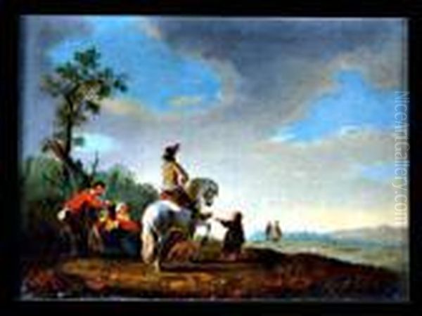 Hofischer Reiter Auf Einem Schimmel Unter Bettelvolk In Weiterlandschaft Oil Painting by Pieter Wouwermans or Wouwerman