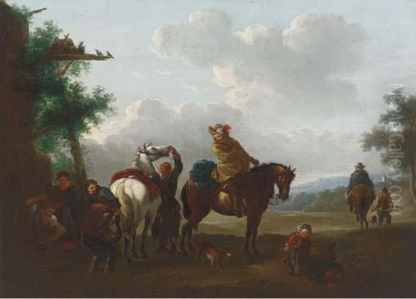 Travellers At Halt By A Blacksmith's Cottage Oil Painting by Pieter Wouwermans or Wouwerman