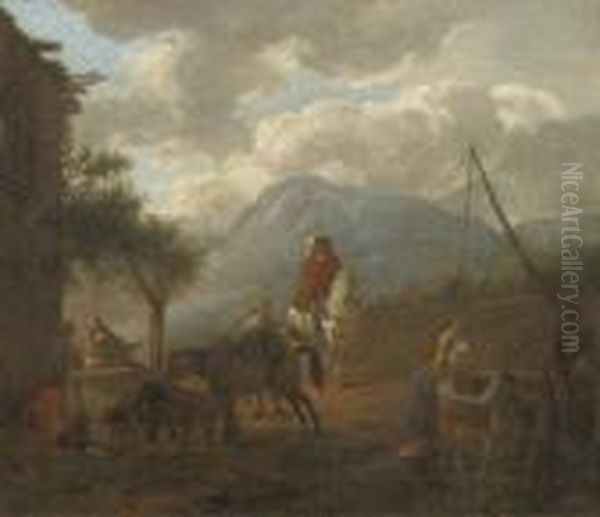 Travellers Resting And Watering Their Horses By An Inn Oil Painting by Pieter Wouwermans or Wouwerman