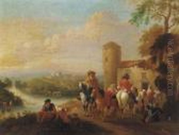 Mounted Travellers At Halt By An Inn, A River And Town Beyond Oil Painting by Pieter Wouwermans or Wouwerman