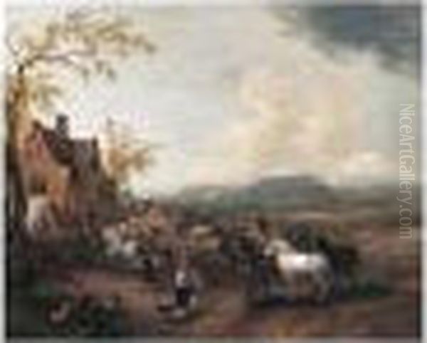 Landscape With A Village Fair Oil Painting by Pieter Wouwermans or Wouwerman