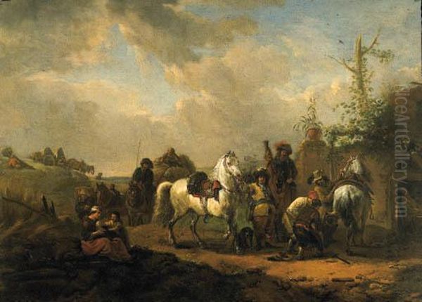 Travellers Resting By A Farrier's Booth Oil Painting by Pieter Wouwermans or Wouwerman