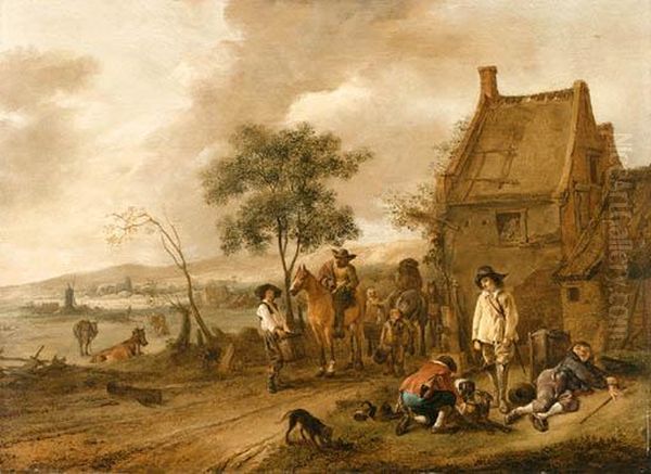 Travellers Resting Outside An Inn Oil Painting by Pieter Wouwermans or Wouwerman