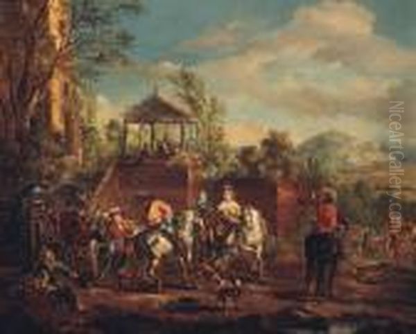 A Hunting Party By A Terrace Oil Painting by Pieter Wouwermans or Wouwerman