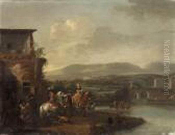 Travellers Outside An Inn By A 
River, An Extensive Landscape With Abridge And A Manor House Beyond Oil Painting by Pieter Wouwermans or Wouwerman