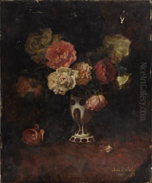 Still Life With Roses In A Bohemian Vase Oil Painting by Anton Wrabetz