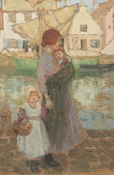 Mother And Children By A Fife Harbour, Probably Pittenweem Oil Painting by James Wright