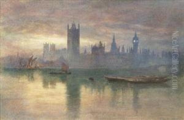 Across The Thames To Big Ben And The Houses Of Parliament Oil Painting by Richard Henry Wright