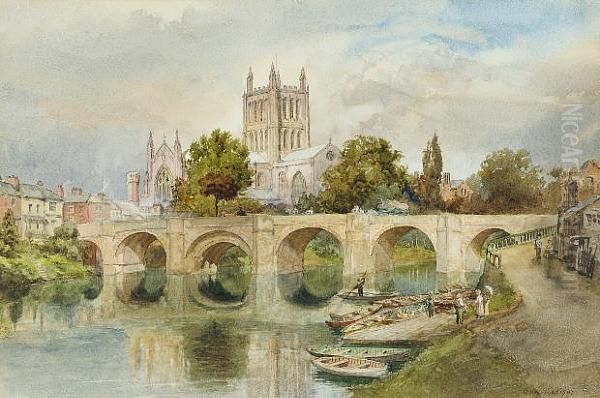 Hereford Cathedral From The River Wye Oil Painting by Richard Henry Wright