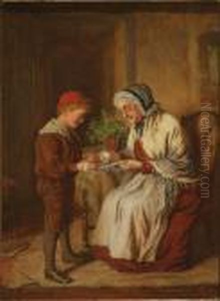 Mending The Violin; Winding 
Wool; Interior Studies Of Grandparents And Their Grandchildren Oil Painting by Robert W. Wright