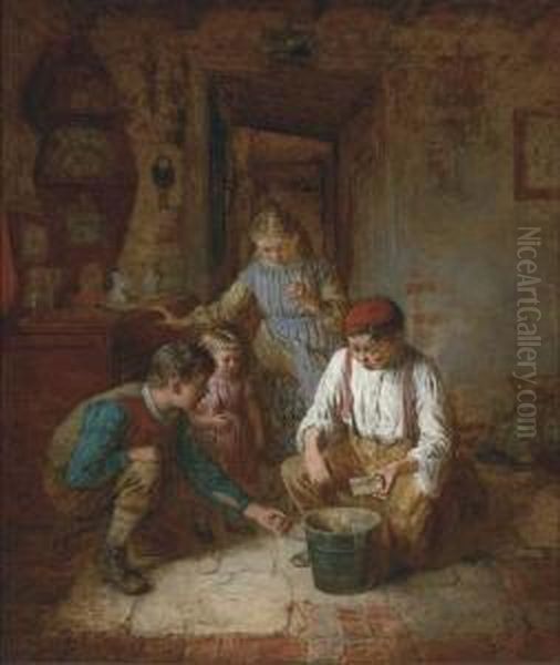 Children In A Cottage Interior Oil Painting by Robert W. Wright