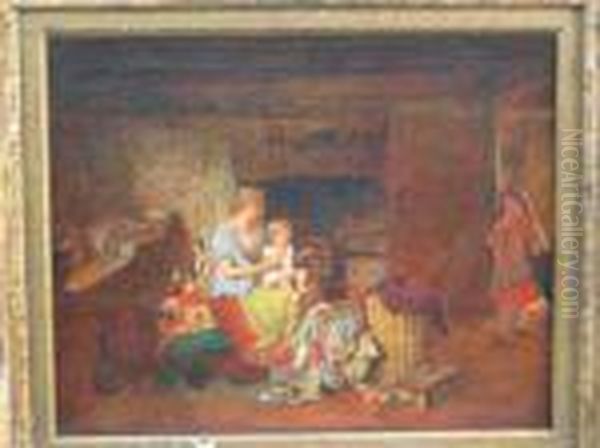 Cottageinterior, Mother With Her Children Oil Painting by Robert W. Wright