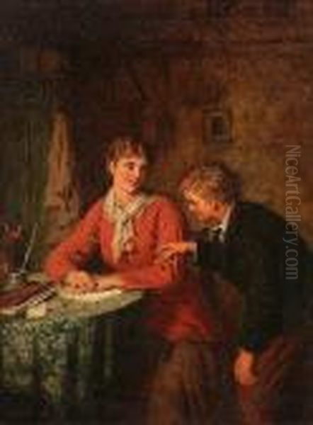 Cooking Apples By The Fireside; A Secret Letter Oil Painting by Robert W. Wright