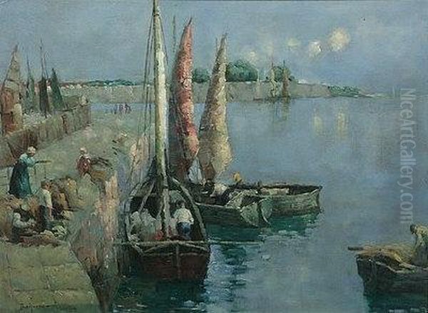 Fishing Boats At A Quay. Oil Painting by Isabel Wrightson