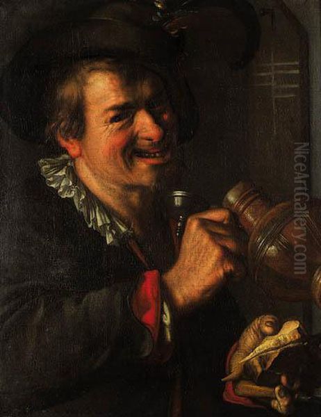 A Peasant Man Holding A Jug And A Piece Of Bread And Cheese - Anallegory Of Taste Oil Painting by Joachim Wtewael (Uytewael)