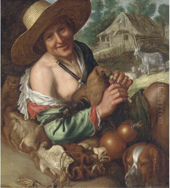 A Shepherd Piper With His Mastiff Before A Shed Oil Painting by Peter Wtewael