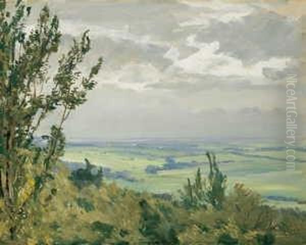 Vortaunuslandschaft. Signiert 
Und Datiert Unten Rechts: F. Wucherer/2...24. Ol Auf Karton. H 46; B 58 
Cm. Verso Bildtitel Und Adresse Des Kunstlers In Kronberg. Oil Painting by Fritz Wucherer