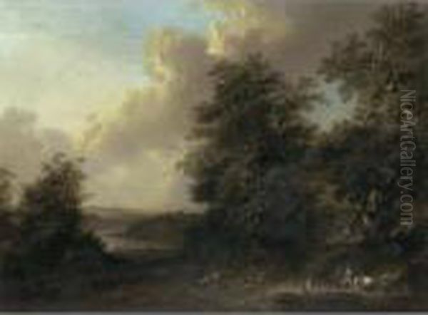 An Extensive Wooded River Landscape With Travellers Praying At A Roadside Shrine Oil Painting by Heinrich Wust