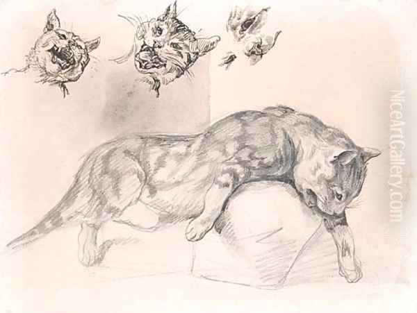 A cat, and three subsidiary studies of its head Oil Painting by Theodore Gericault