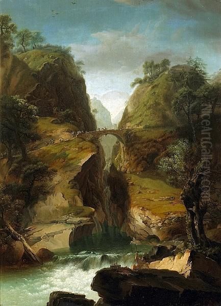 A Gorge In A Rocky Landscape 
With A Waterfall And A Fisherman In The Foreground, Travellers Crossing A
 Bridge Beyond Oil Painting by Heinrich Wust