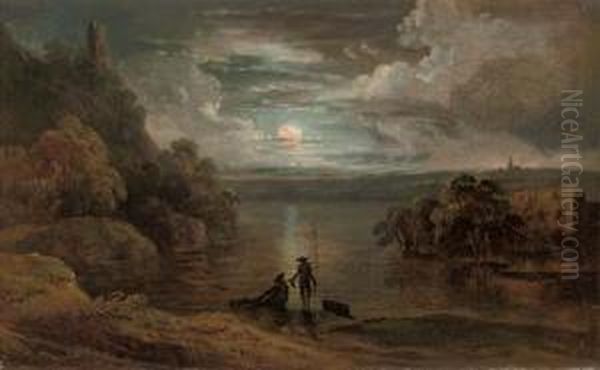 A Moonlit River Landscape With Anglers Oil Painting by Michael Wutky