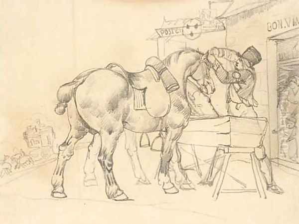 A postal conductor attending to two saddled horses in front of a postal relay station Oil Painting by Theodore Gericault