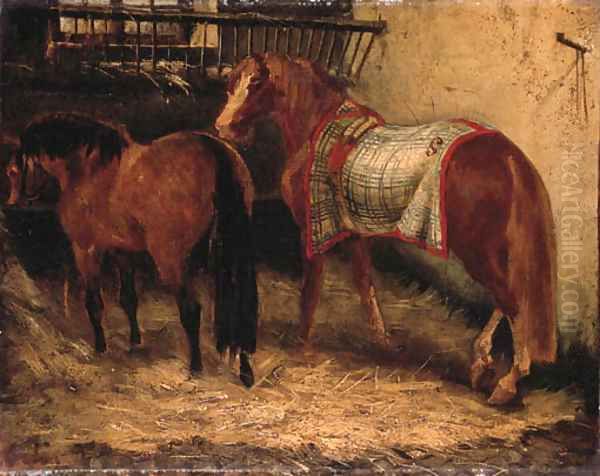 Deux chevaux dans une ecurie Oil Painting by Theodore Gericault