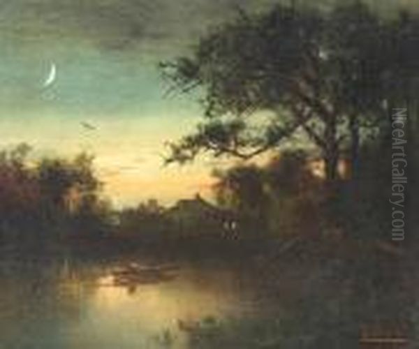 A Figure In A Punt Under A Moonlit Sky Oil Painting by Alexander Helwig Wyant