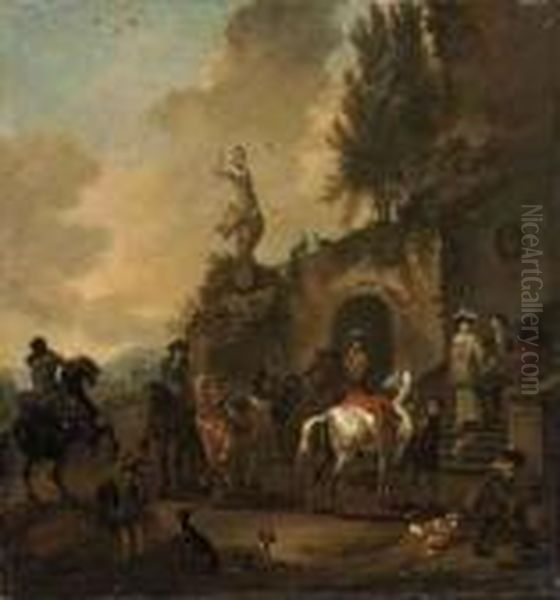 A Capriccio Of Classical Ruins With A Riding Party Oil Painting by Jan Wyck