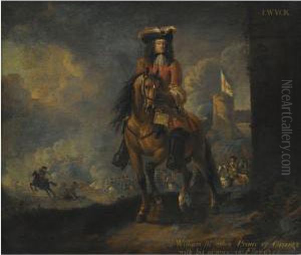 Equestrian Portrait Of William Iii When Prince Of Orange, Askirmish Beyond Oil Painting by Jan Wyck