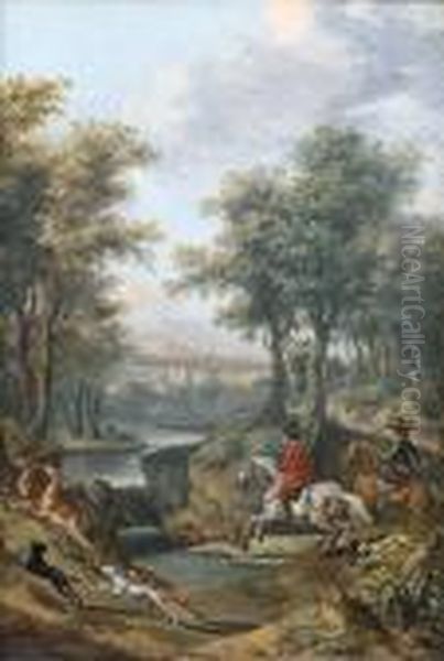 A Wooded River Landscape With A Deerhunt Oil Painting by Jan Wyck