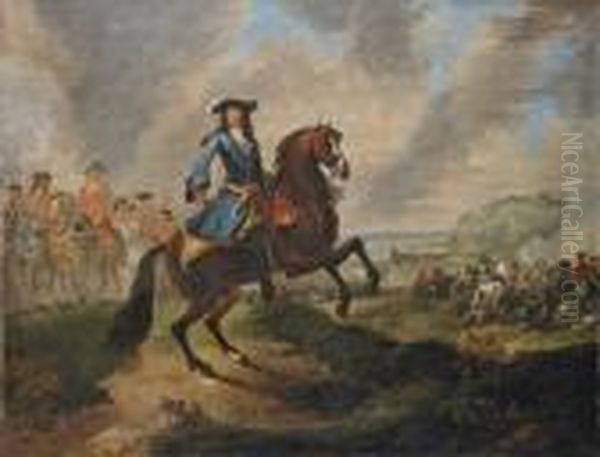 Equestrian Portrait Of King William Iii, A Battle And A Hilltoptown Beyond Oil Painting by Jan Wyck