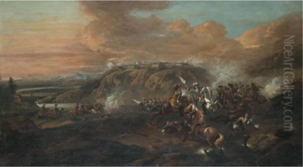 A Cavalry Battle In A Valley Beneath A Fortified City Oil Painting by Jan Wyck