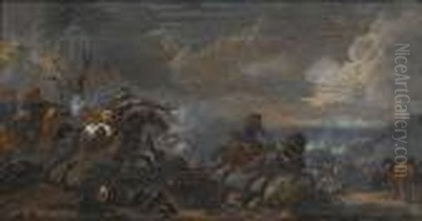 A Cavalry Skirmish Oil Painting by Jan Wyck