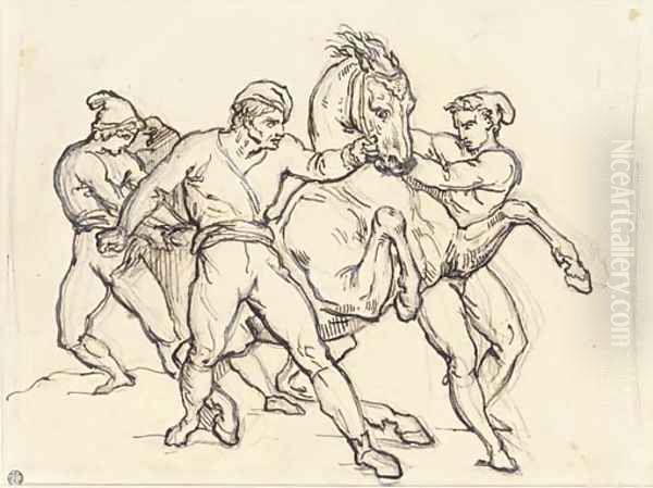 Three men restraining a horse Oil Painting by Theodore Gericault