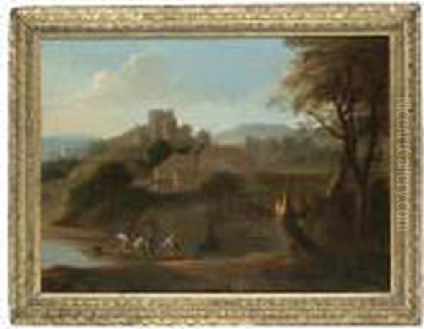 An Italianate Riverlandscape 
With Cavalrymen On A Boat In The Foreground, A Fortified Town On A 
Hilltop Beyond Oil Painting by Jan Wyck