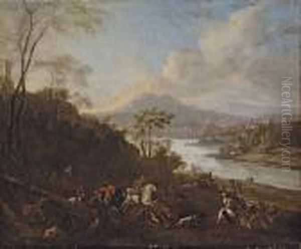 A Boar Hunt In A Wooded Landscape Oil Painting by Jan Wyck