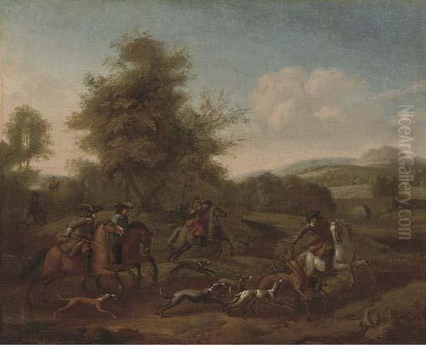 A Stag Hunt Oil Painting by Jan Wyck