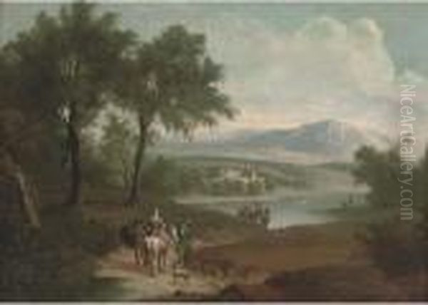 An Extensive Landscape With A 
Hunting Party On A Track And Fishermen By A Lake, A Country House Beyond Oil Painting by Jan Wyck