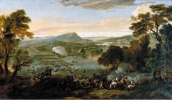 An Extensive Landscape With An 
Army Fording A Large River, Said To Be Louis Xiv Crossing The Rhine Oil Painting by Jan Wyck