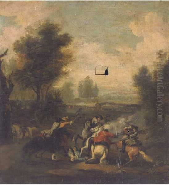 A Cavalry Skirmish Oil Painting by Jan Wyck