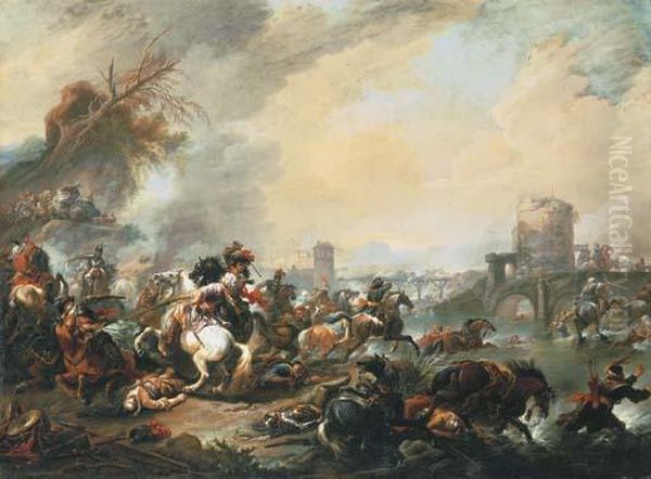 A Calvary Skirmish By A River, A Fortress Beyond Oil Painting by Jan Wyck