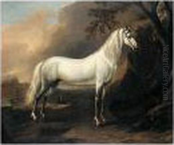 A Grey Arab Stallion In A Landscape Oil Painting by Jan Wyck