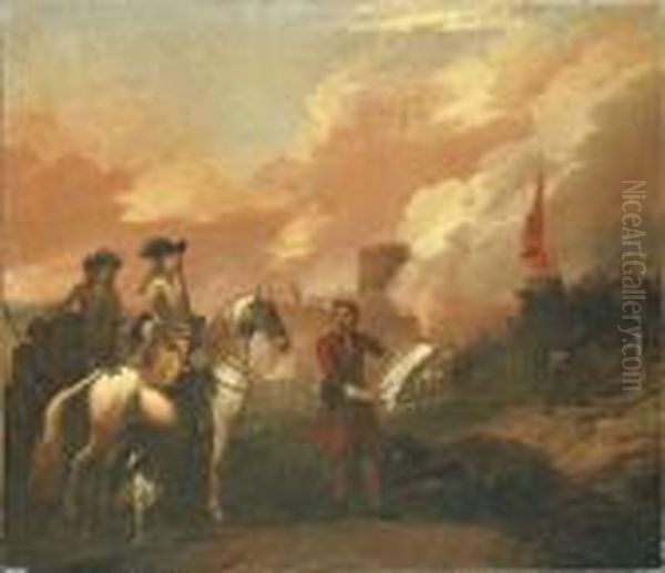 Two Cavalry Officers Surveying The Bombardment Of A Castle Oil Painting by Jan Wyck