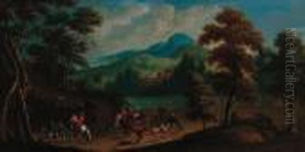 A Hunting Party In An Extensive River Landscape Oil Painting by Jan Wyck