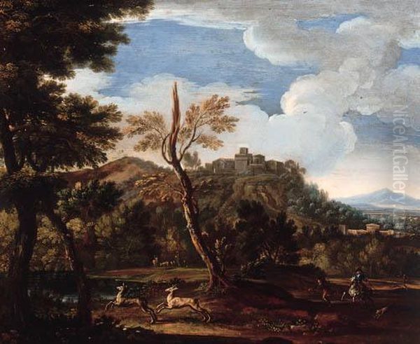 An Extensive Landscape With A Deer Hunt Oil Painting by Jan Wyck