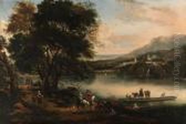 A River Landscape With An 
Elegant Couple On Horseback By A Ferry, Afortress And Town Beyond Oil Painting by Jan Wyck